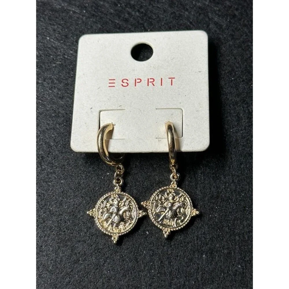 ESPRIT Gold Tone Coin Medallion Charm Dangle Hoop Earrings Embossed Boho New